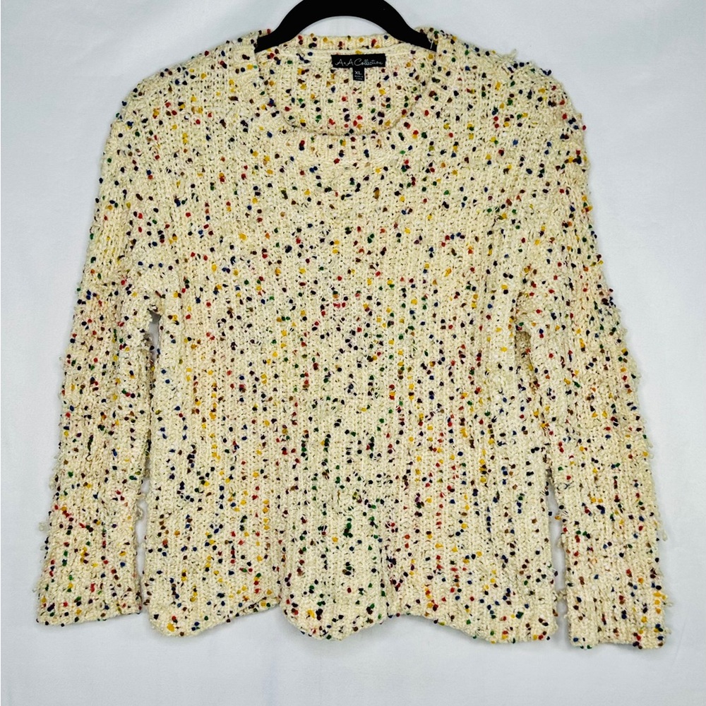 A&A Collection Rainbow Confetti Sweater Chunky Knit Scalloped Hem Bohemian Sz XL